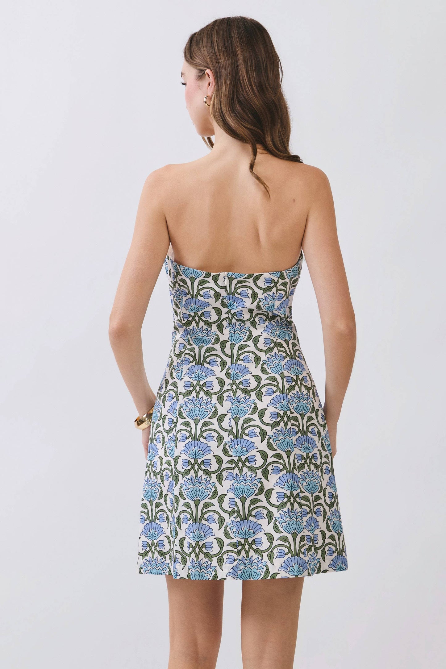 Charming Blue Floral Print Strapless Dress