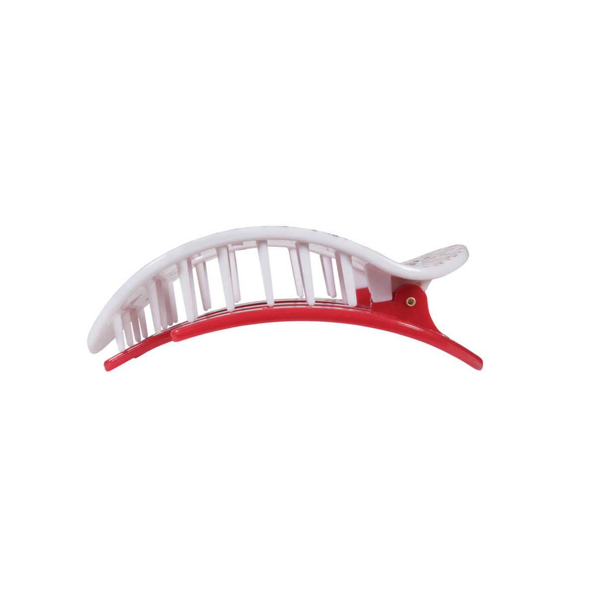Side view of the Festive Feels holly print medium flat round hair clip showing its bendable teeth