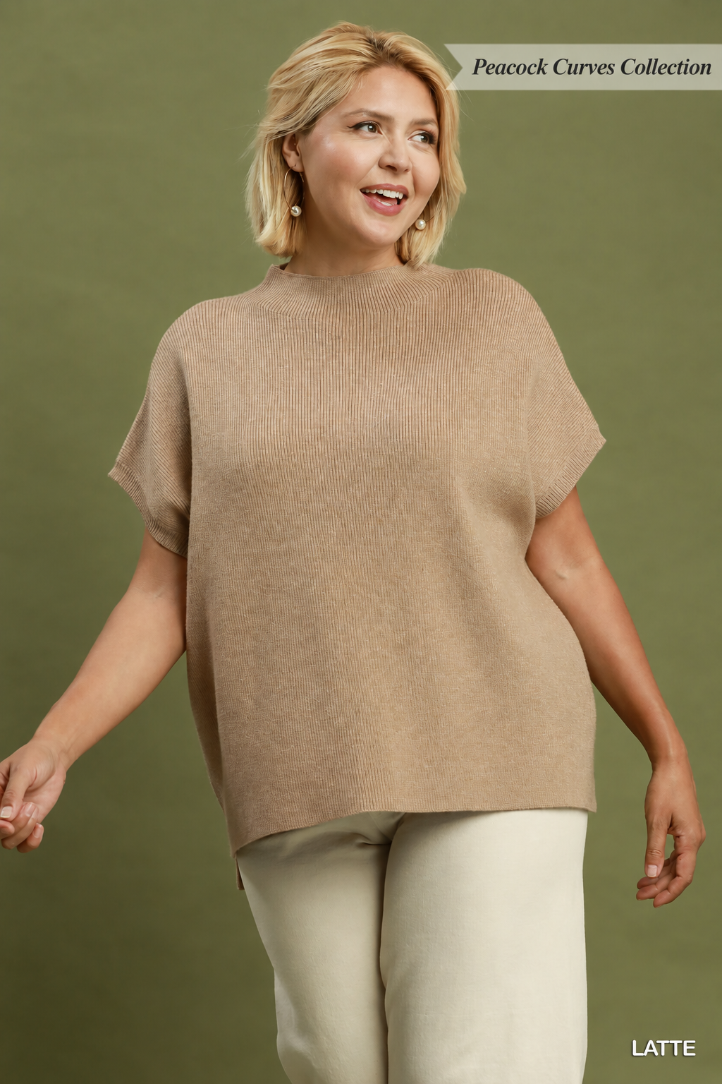 Front-view latte mock neck sweater with short sleevesl