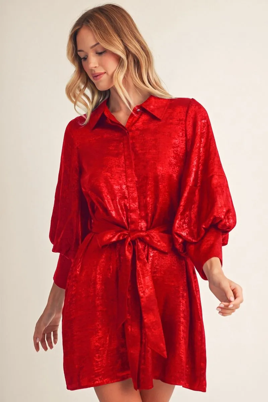 Red metallic button-down shirt dress with bishop sleeves and a tied waist, front view