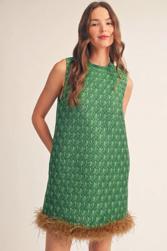 Emerald green jacquard sleeveless shift dress with a caramel feather-trim hem, front view