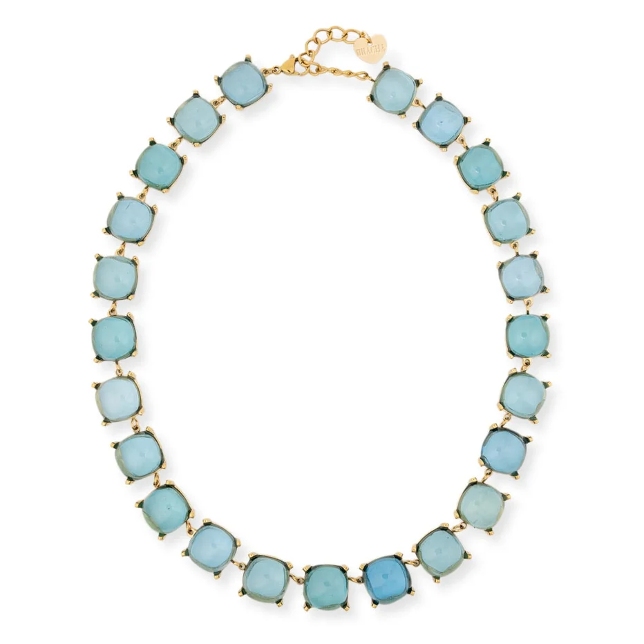 A gold-tone chain necklace featuring a series of square-cut, light blue-green cabochon gemstones, displayed on a clean white background.
