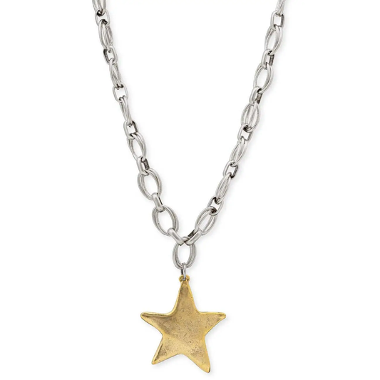 A silver paperclip chain necklace with a textured gold star pendant, shown against a plain white background.
