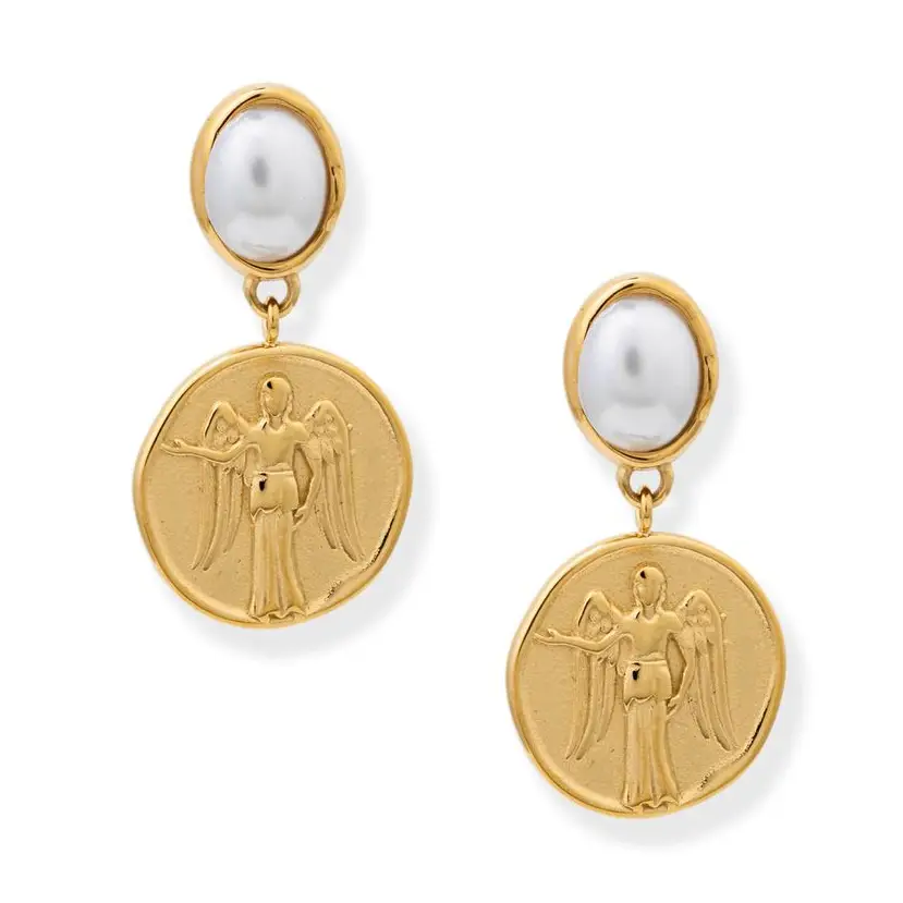 A pair of gold drop earrings featuring oval white pearl studs above round gold medallion charms engraved with an angel figure, shown on a plain white background.