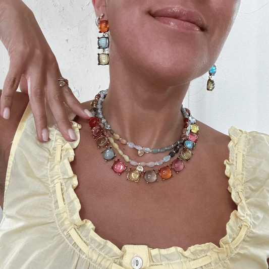 A close-up of a person wearing a multi-layered beaded necklace with colorful rectangular gemstones and matching drop earrings, paired with a pale yellow ruffled blouse.