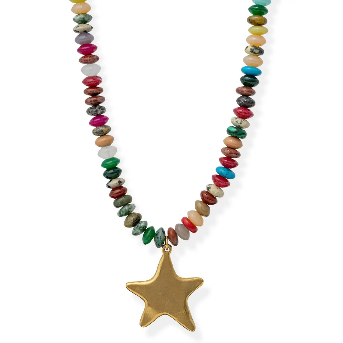Necklace with multicolored beads and a gold star pendant on a white background