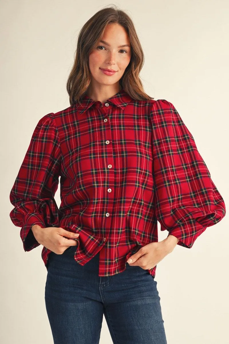 Red tartan plaid button-down top with puff sleeves, worn with jeans