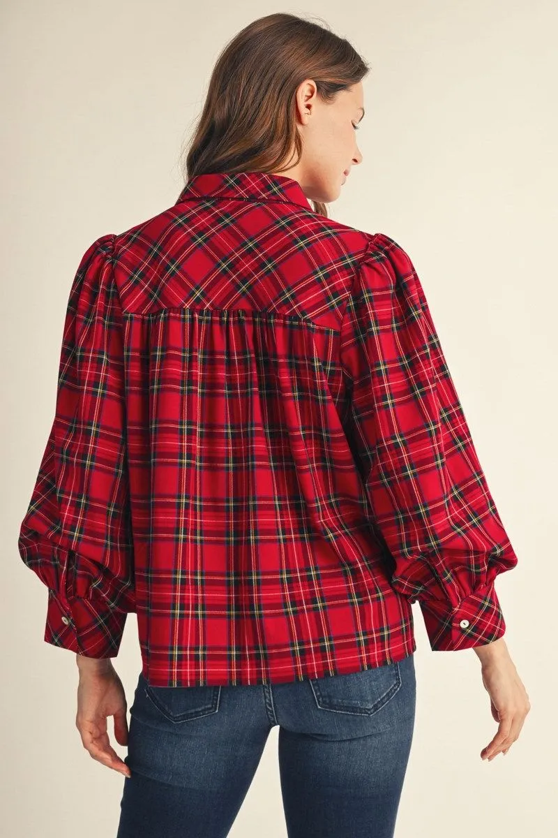 Back view of the red plaid top showing the gathered yoke and puff sleeves