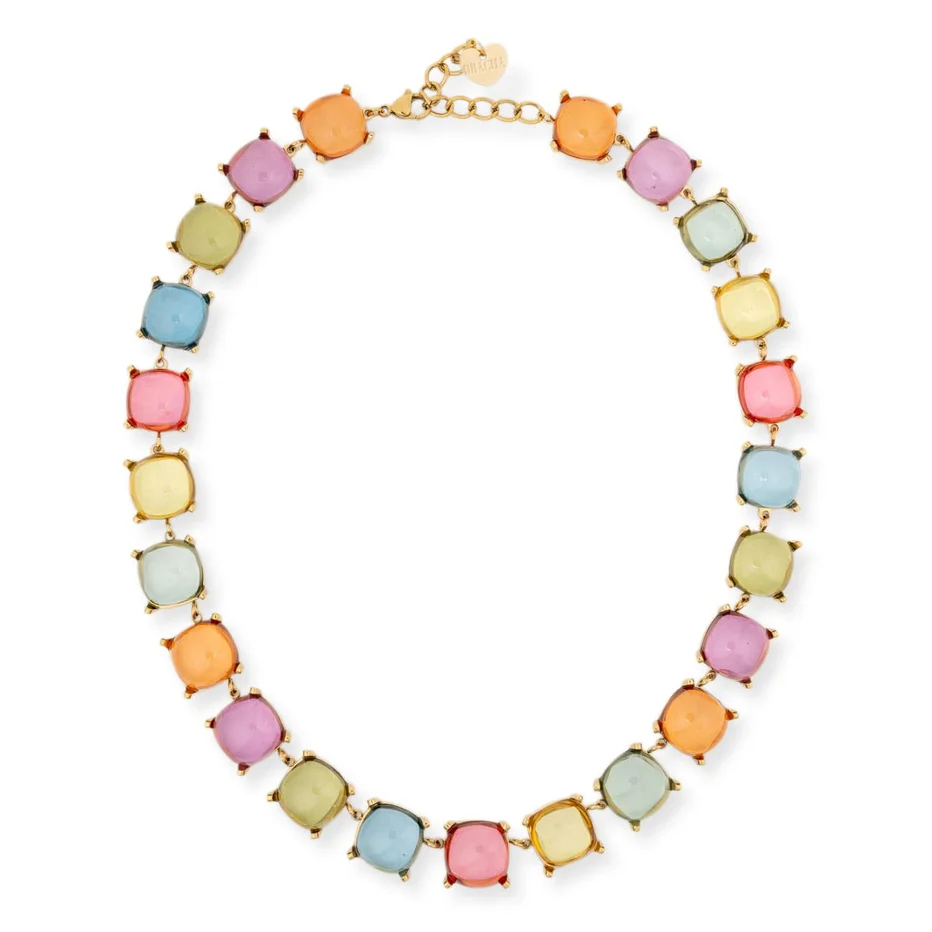 A gold-tone chain necklace featuring a series of square, cushion-cut gemstones in pastel shades of pink, orange, yellow, blue, and green, arranged on a white background.