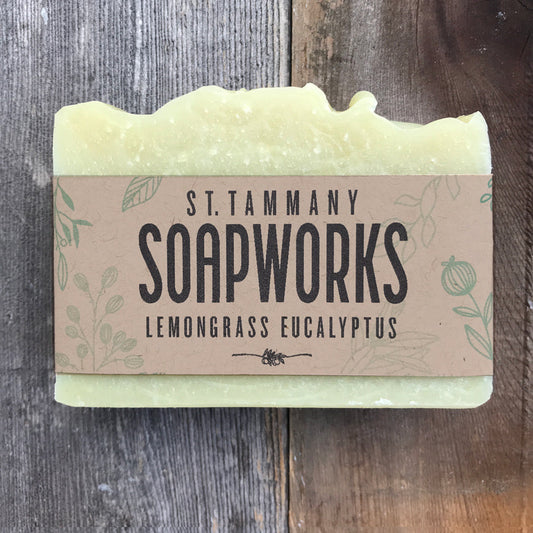 Lemongrass Eucalyptus Soap bar by St. Tammany Soapworks with kraft label on wood
