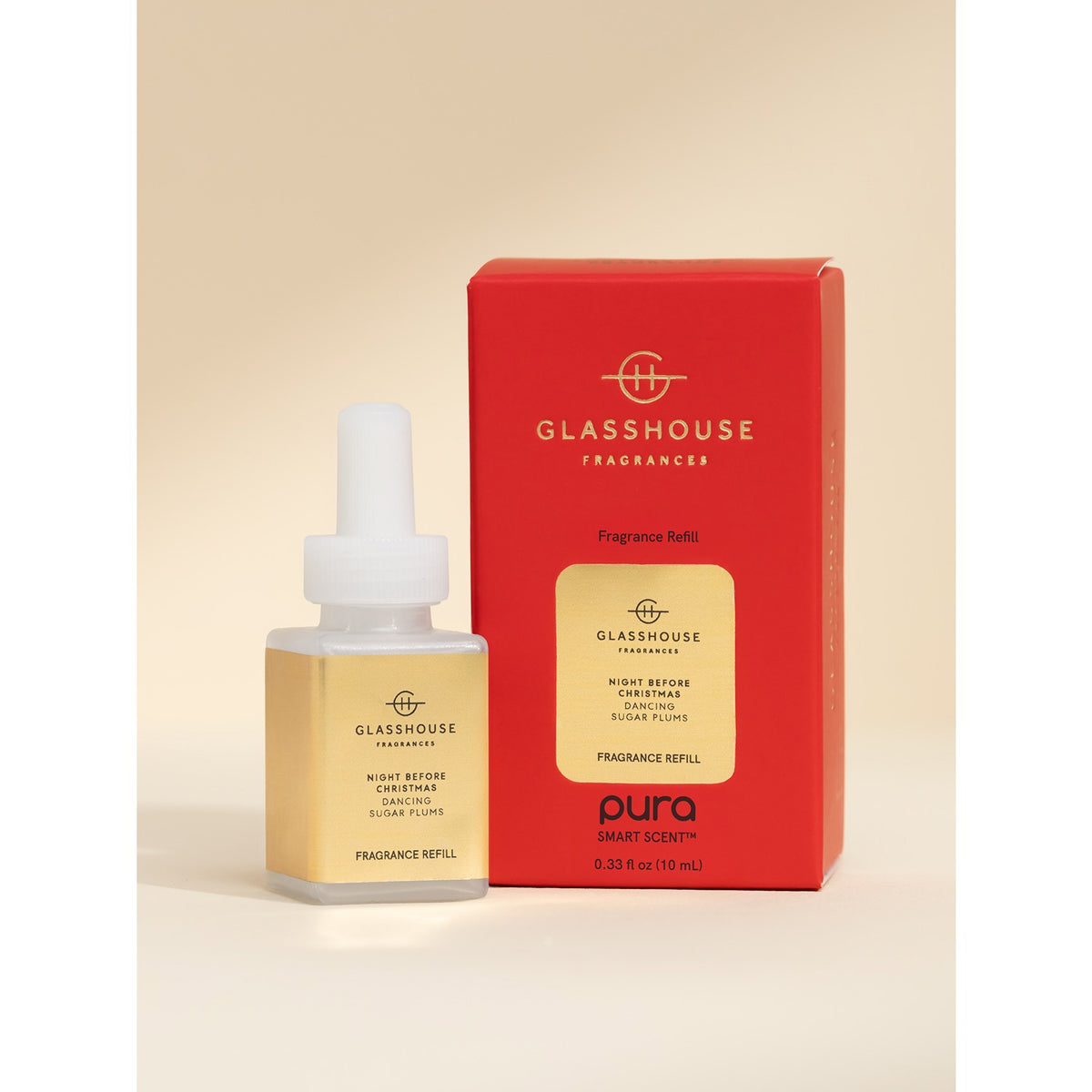 Glasshouse Night Before Christmas Pura smart vial with gold label beside red Glasshouse gift box