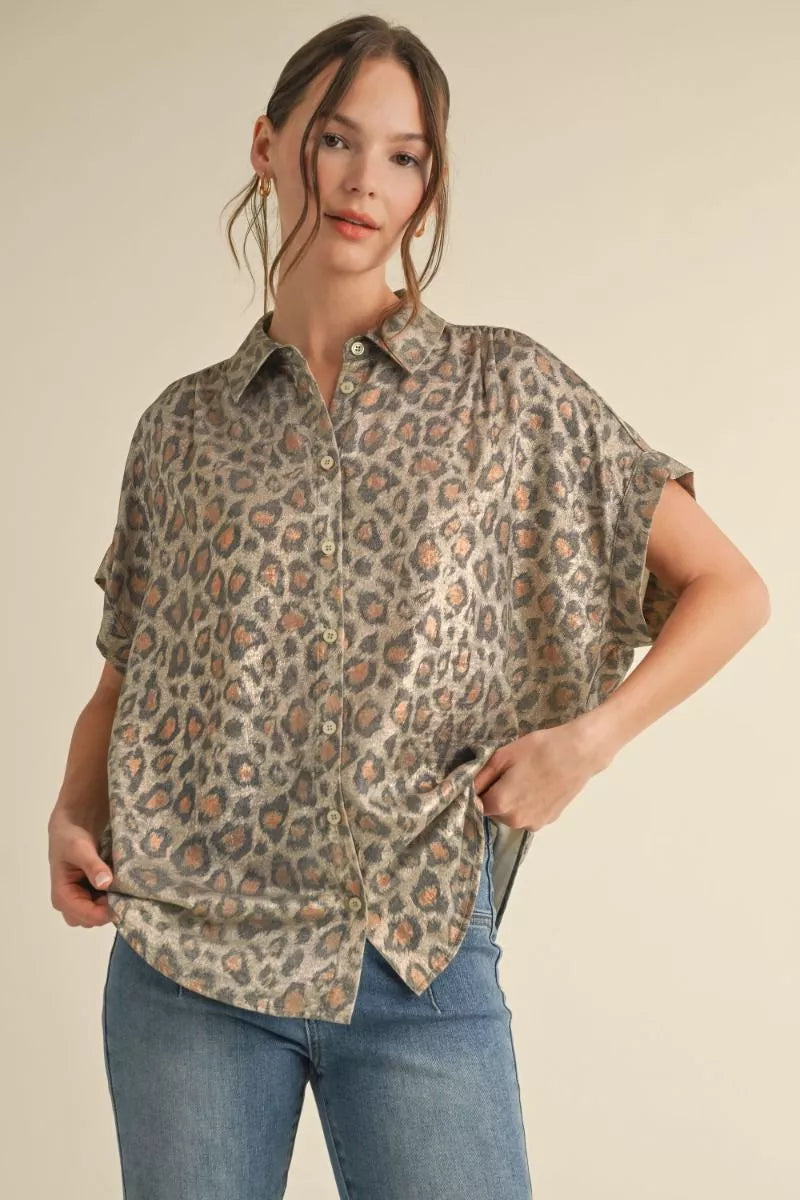 Leopard print with a metallic shimmer button down top