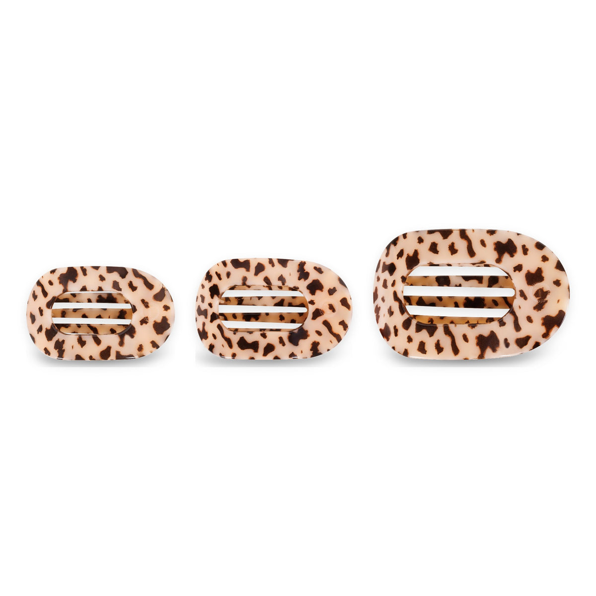 TELETIES round flat hair clips in blonde tortoise shown in small, medium, and large