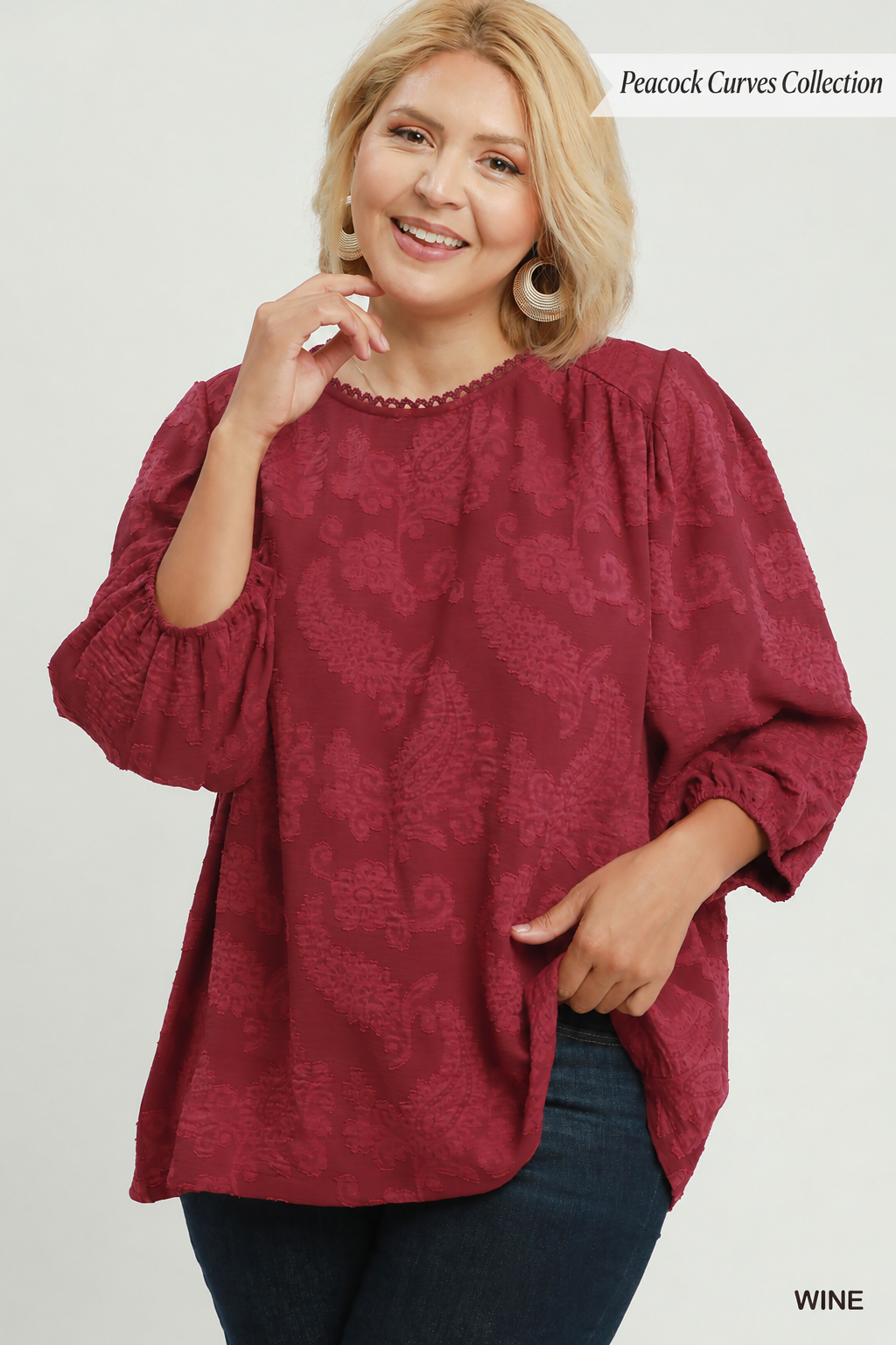 wine top with paisley mono tone print long sleeves