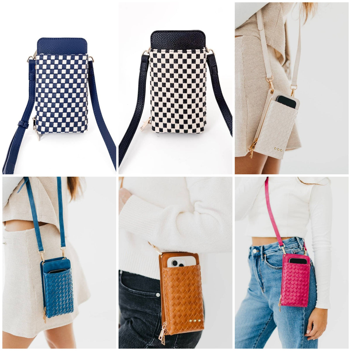Woven Double Duty phone crossbody bag in six colors: checkered navy, checkered black, cream, navy, brown, and fuchsia