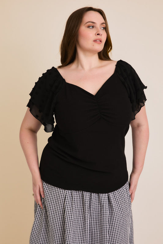 CURVY SWEET HEART NECK DOUBLE RUFFLE SLEEVE TOP