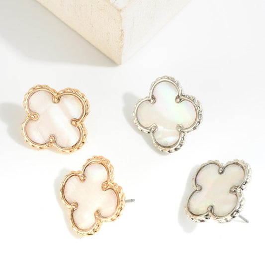 Iridescent Clover Stud Earrings With Twisted Metal Border