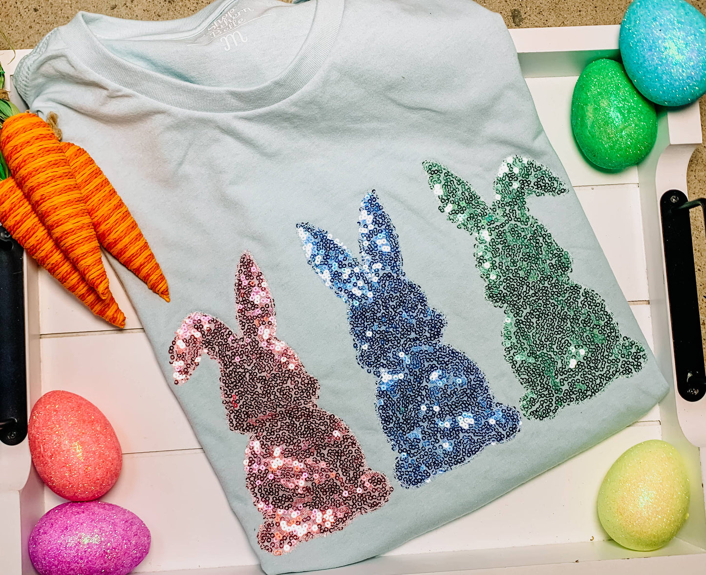 PRE ORDER :  Easter Bunny Trio Handmade Sequin Short Sleeve T