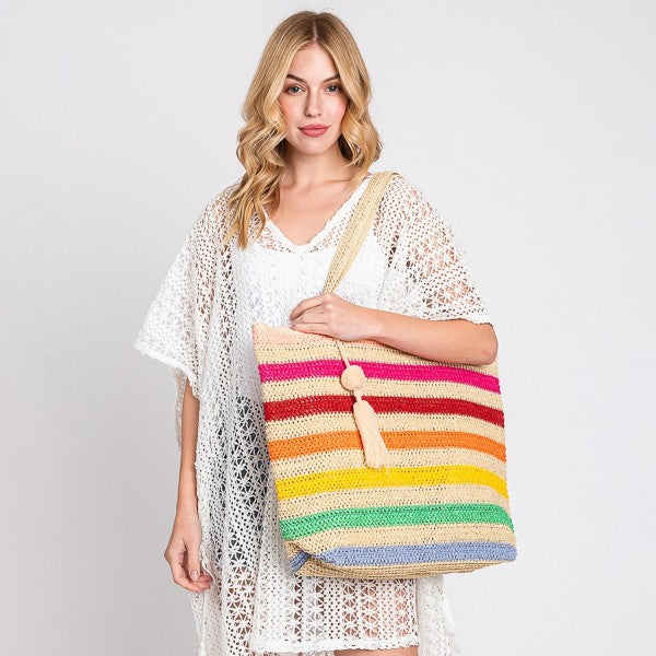 Pom Pom Tassel Striped Straw Crochet Tote Bag