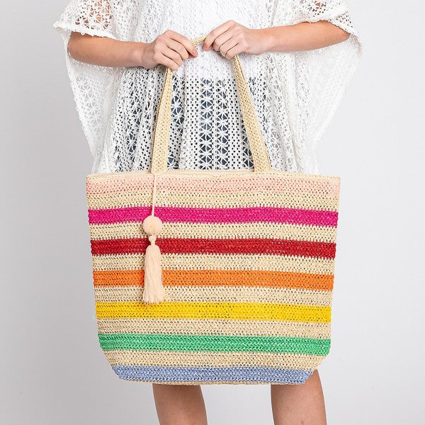 Pom Pom Tassel Striped Straw Crochet Tote Bag