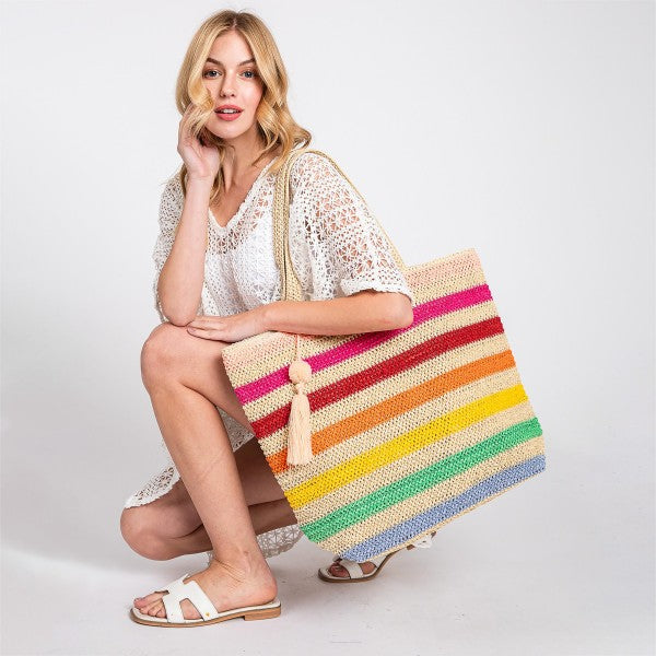 Pom Pom Tassel Striped Straw Crochet Tote Bag