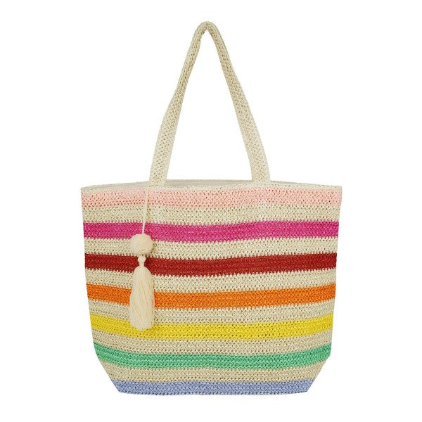 Pom Pom Tassel Striped Straw Crochet Tote Bag