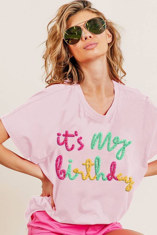 It's My Birthday!  Metallic Letter Short Dolman Sleeve Top