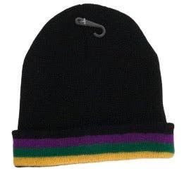 Black Mardi Gras Rugby Beanie With Purple Green And Gold Stripes